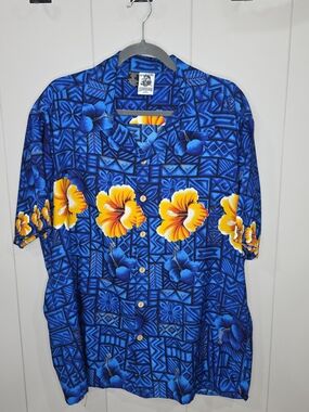 Men's Blue Hawaiian Floral Button-Down Shirt with Yellow Hibiscus Size Xl
